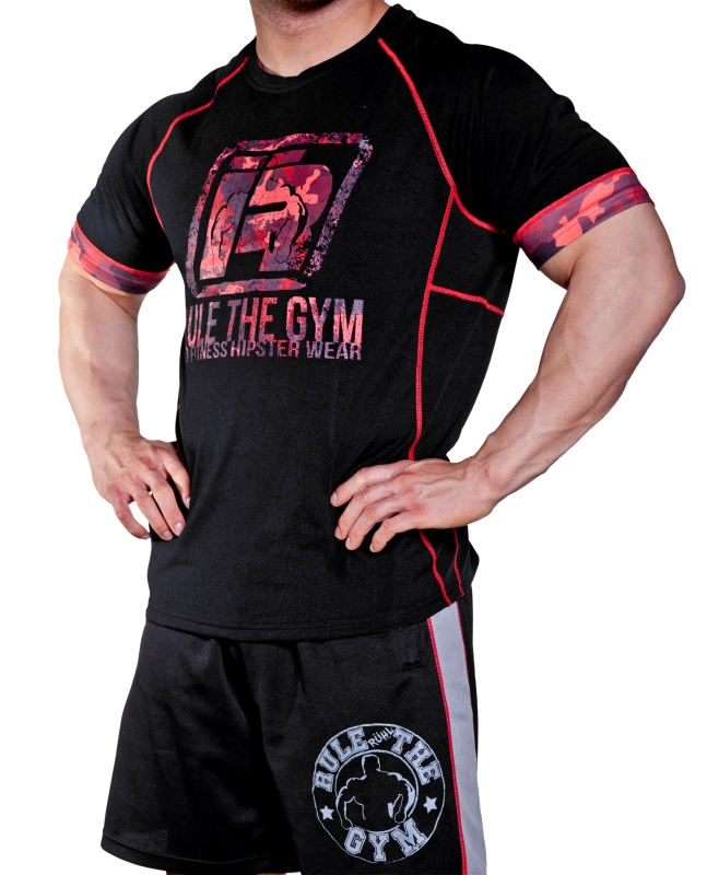 Shirt - Schwarz mit Camo-Rot: R-Logo [Thermo | Funktion]