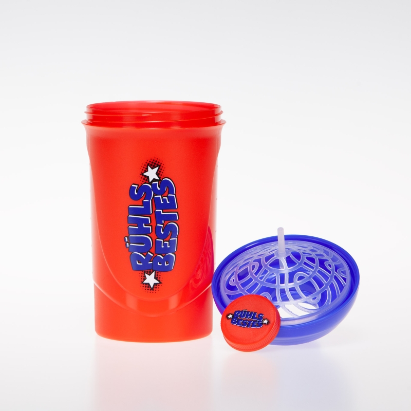 Shaker rot-blau mit Rühls Bestes Logo mit Siebeinsatz